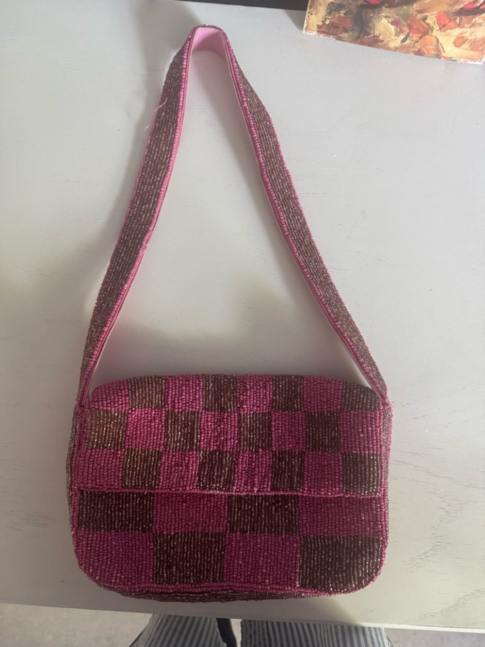 Anthropologie Pink and Brown Beaded Checker Shoulder Bag